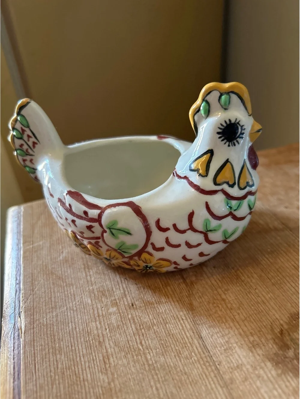 Hand-Painted Ceramic Hen Figurine Planter or Decorative Bowl